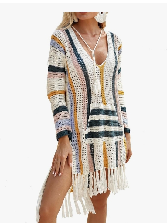 Other - Women’s Crochet Stripe Beach Cover-Up in Cream & Multicolor